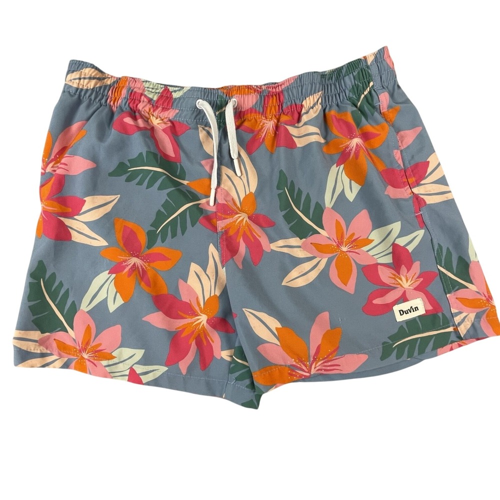 Duvin Swim Trunks Mens L Blue Tropical Beach Shorts Elastic Waist 5 Inseam